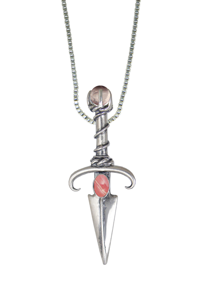 Sterling Silver Black Prince's Knife Dagger Pendant With Rhodocrosite And Rose Quartz